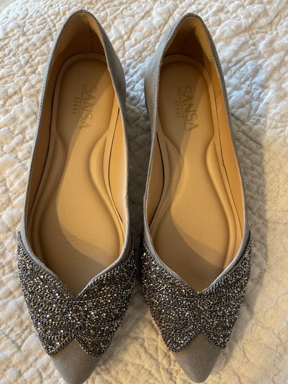 Gray Crystal-Embellished Pointed Ballet Flats